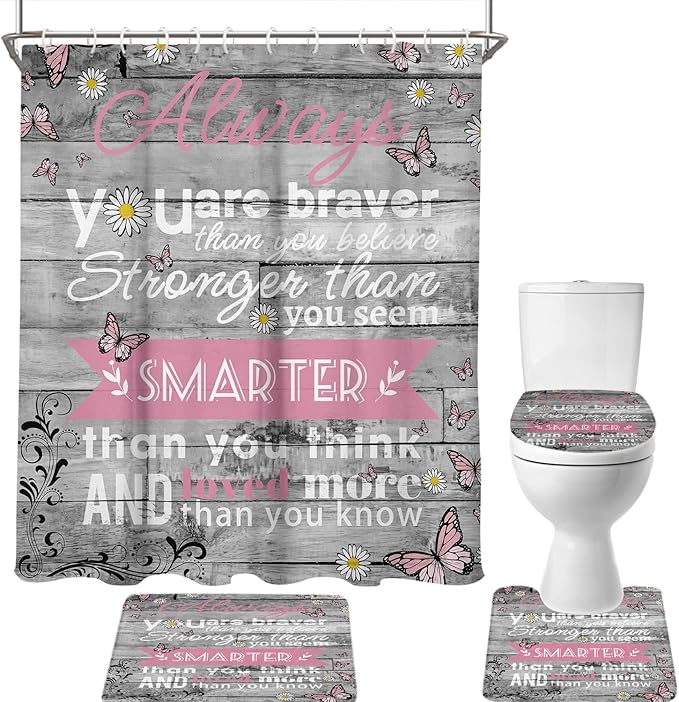 AAtter 4 Piece Pink Shower Curtain Set Kids Girl Girly Cute Women Toddler Grey 60Wx72L Inch Decor with Non-Slip Rugs, Toilet Lid Cover and Bath Mat Bathroom Accessories Home Bathtub Set, Inspirational