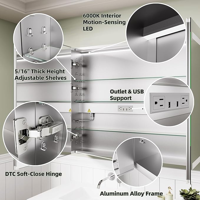 LED Medicine Cabinet Mirror with Lights, 36 x 30 Inch Bathroom Storage, Recessed/Wall Mount, Plug-in/Hardwired, 3 Color Dimmable Light, Anti-Fog, Time Temp Display