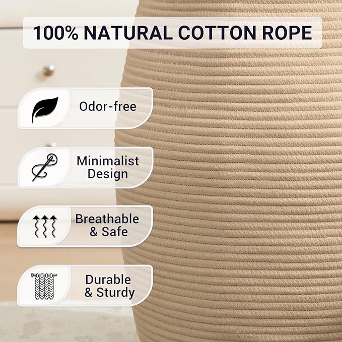 Large Laundry Hamper Basket by Fiona's magic, 65L Woven Tall Clothes Hamper for Storage Blanket, Toys and Dirty Cothes in Bedroom and Living Room Organizer, Brown