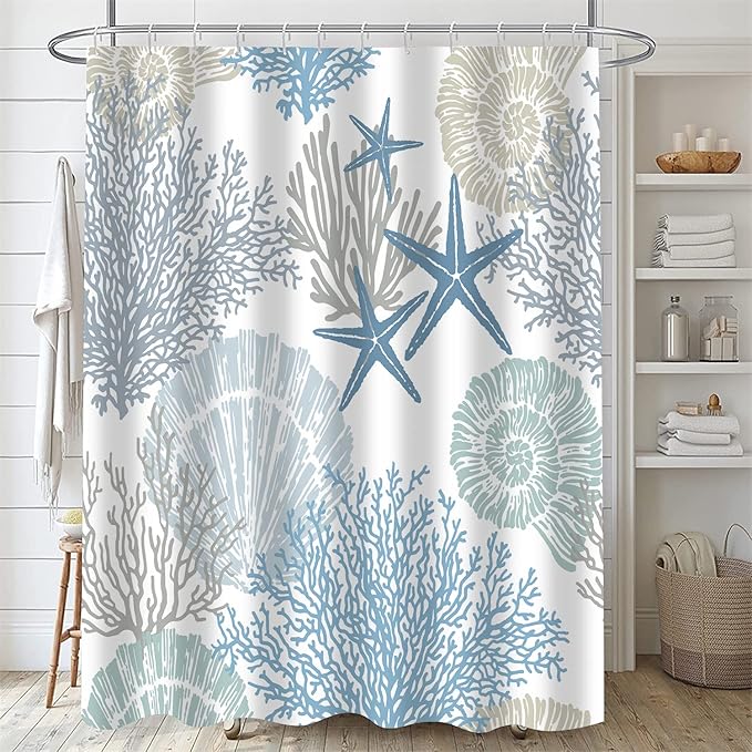 Nkzply 4 Pcs Beach Shower Curtain Blue Bathroom Sets with Shower Curtain and Rugs Ocean Shower Curtain Set Starfish Bathroom Decor Accessories Seashell Bathroom Rug Set Nautical Toilet Lid Cover Hooks