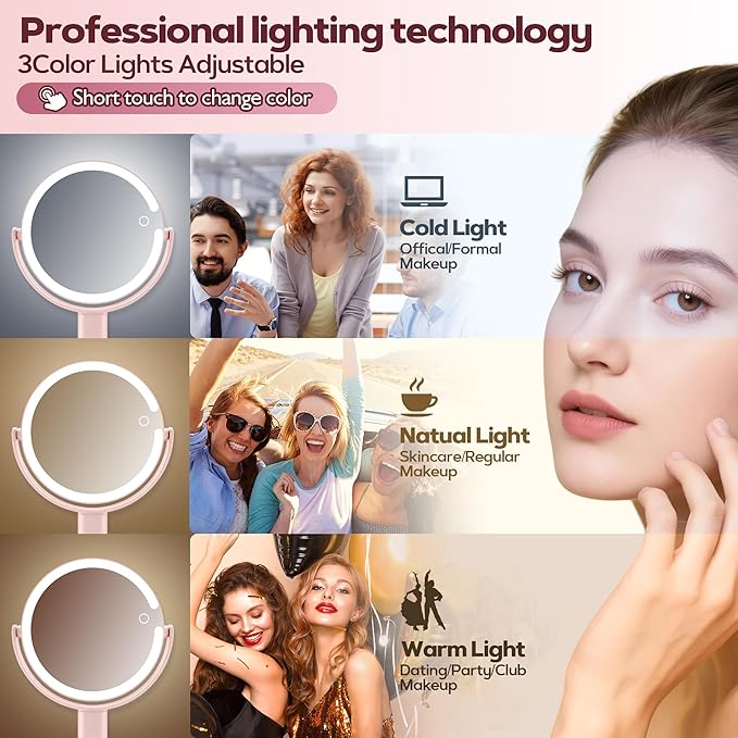 MOMOKUBA Makeup Mirror with Lights, 30X Magnifying & Height Adjustable, Lighted Magnifying Mirror with 3 Light Modes and Stepless Dimming, Vanity Mirrors for Bathroom, Birthday Gift for Women, Pink