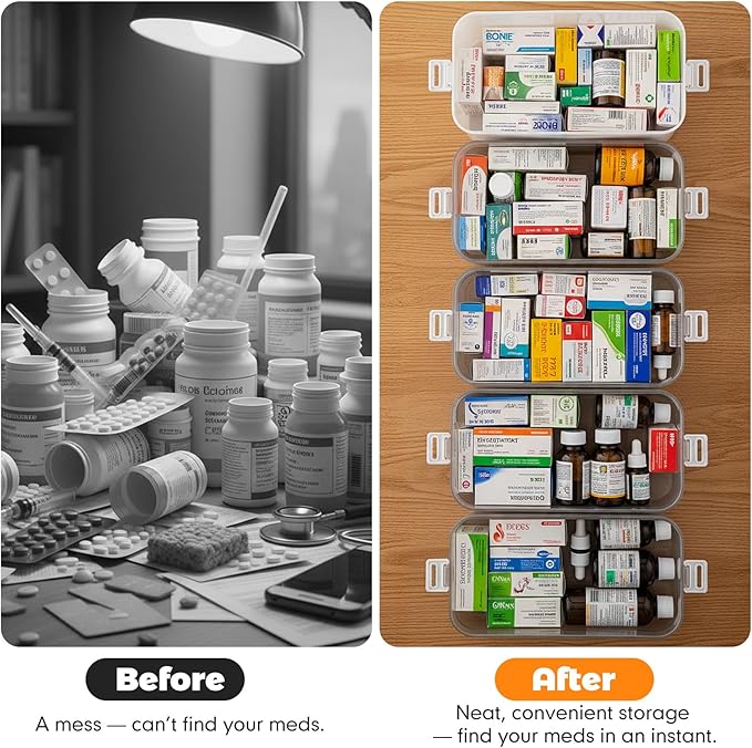 5-Tier Medicine Organizer-12 x 7 x 12.2 Inch Portable Medicine Cabinet Organizer with Plastic Handle All-Purpose Medical Box with Complimentary Portable Pill Box Empty First Aid Kit for Home