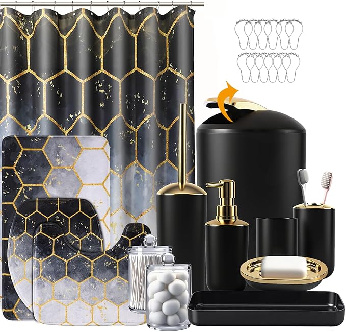 BSSN 25 Pieces Black and Gold Bathroom Accessories Set with Shower Curtain and Rugs, Trash Can, Toilet Brush, Soap Dispenser, Toothbrush Holder, Qtip Jars, Tray and Tumbler, Complete Bath Decor Set
