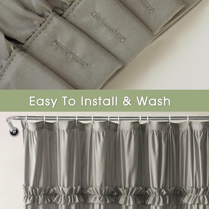 Farmhouse Ruffle Shower Curtain with Handmade Ruched, Vintage Ruffled Fabric Bathroom Curtains, Decorative Elegant Bathroom Curtain with 12 Holes, Gray, 72" W x 72" H(N60049)