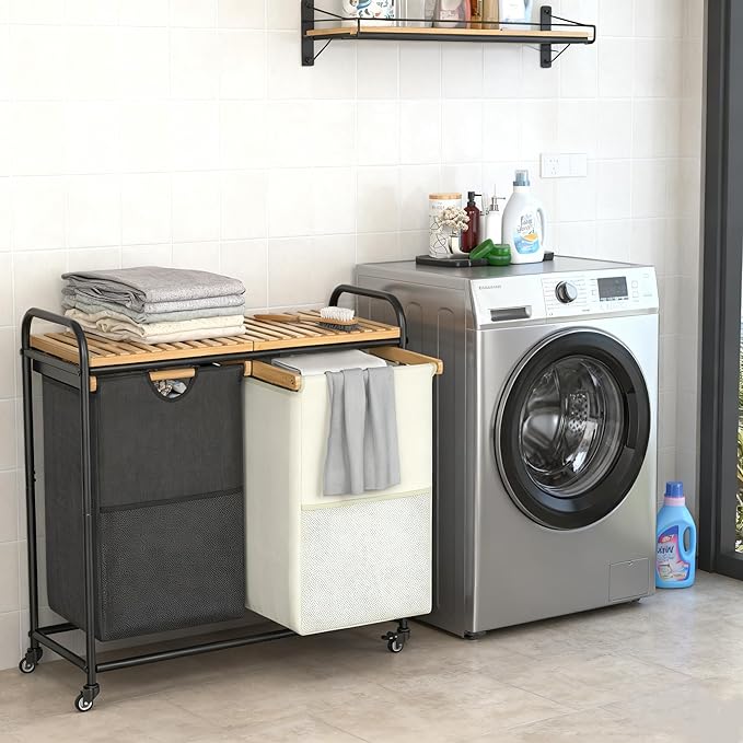 BambooHomie Laundry Sorter 2 Section, Laundry Hampers with Removable Shelf and Pull-Out Bags, Rolling Cart Clothes Hampers Basket with Wheels for Laundry Room Bathroom, 2 x 46 L