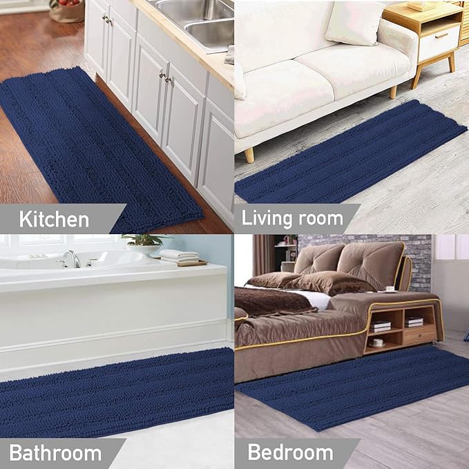 Turquoize Plush Chenille Bathroom Runner 47"x 17" Blue Non Slip Shower Mat, Extra Soft and Absorbent Thick Shaggy Shaggy Rug for Tub, Navy
