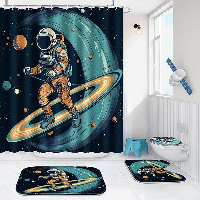Poedist 4 Pcs Bathroom Shower Curtain Set,Kid's Bathroom Set, Space Shower Curtain Sets with Rugs(Bath Mat,U Shape and Toilet Lid Cover Mat) and 12 Hooks