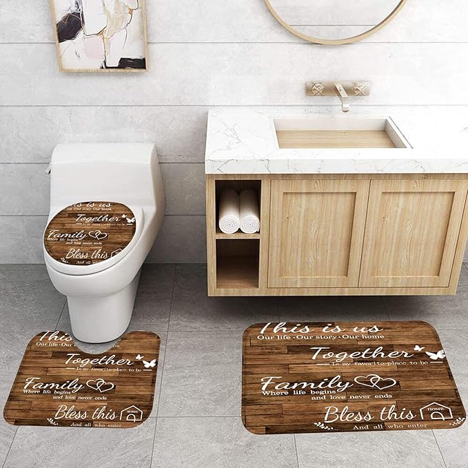 juwute 4Pcs Family Shower Curtain Sets with Non-Slip Rugs, Toilet Lid Cover and Bath Mat, Brown Home Bathroom Decor Set Accessories Waterproof Shower Curtains with 12 Hooks, 72 x 72 Inch