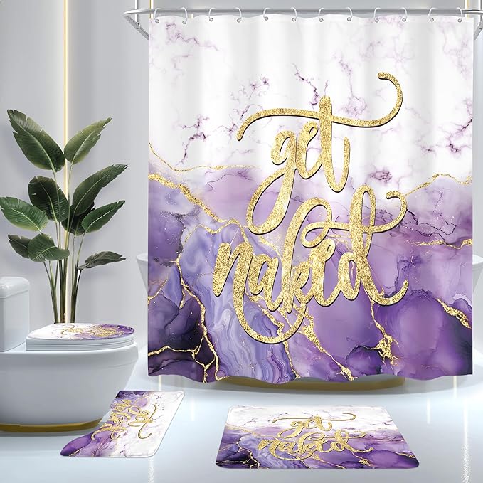 Cinbloo 4Pcs Purple Marble Shower Curtain Set, Abstract Get Naked Cracked Lines Omber Modern Simple Bathroom Curtain with Rug, Toilet Lid Cover, Bath Mat, Minimalist Shower Curtain with 12 Hooks
