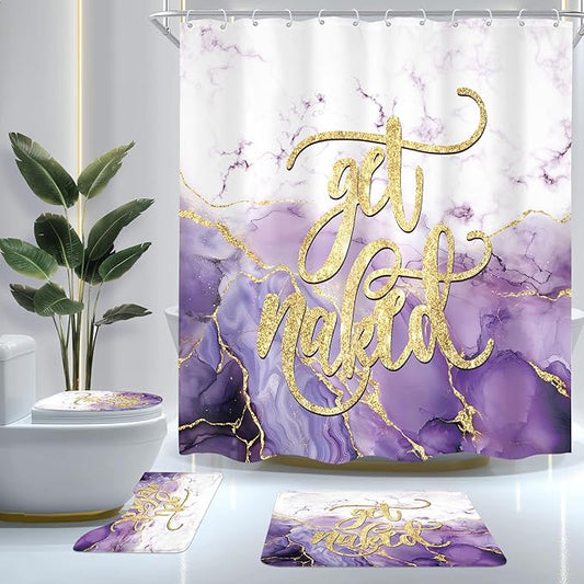 Cinbloo 4Pcs Purple Marble Shower Curtain Set, Abstract Get Naked Cracked Lines Omber Modern Simple Bathroom Curtain with Rug, Toilet Lid Cover, Bath Mat, Minimalist Shower Curtain with 12 Hooks