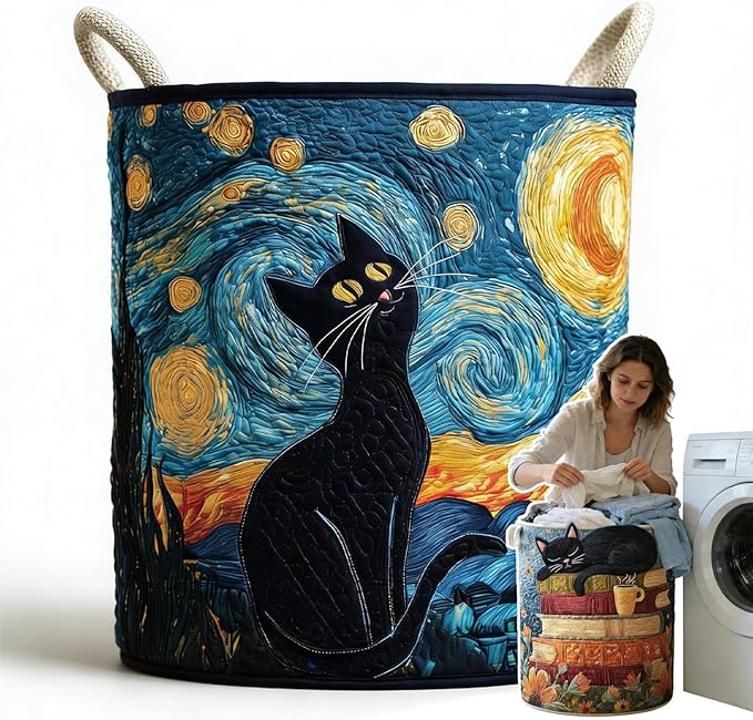 Cat Quilted Laundry Basket - 18"/22"/28", 2026 Large Quilted Cat Laundry Basket with Handles, Cozy Cat Fabric Storage Hamper for Nursery, Bedroom, Laundry Room, Clothes & Toys (2, S 14"X18")