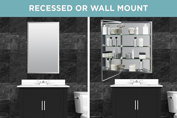 Zenna Home Bathroom Medicine Cabinet with Mirror, Frameless Bathroom Wall Cabinet with Rustproof Aluminum Body, 3 Adjustable Glass Shelves, Recessed or Surface Wall Mount Installation, 15 x 26 Inches