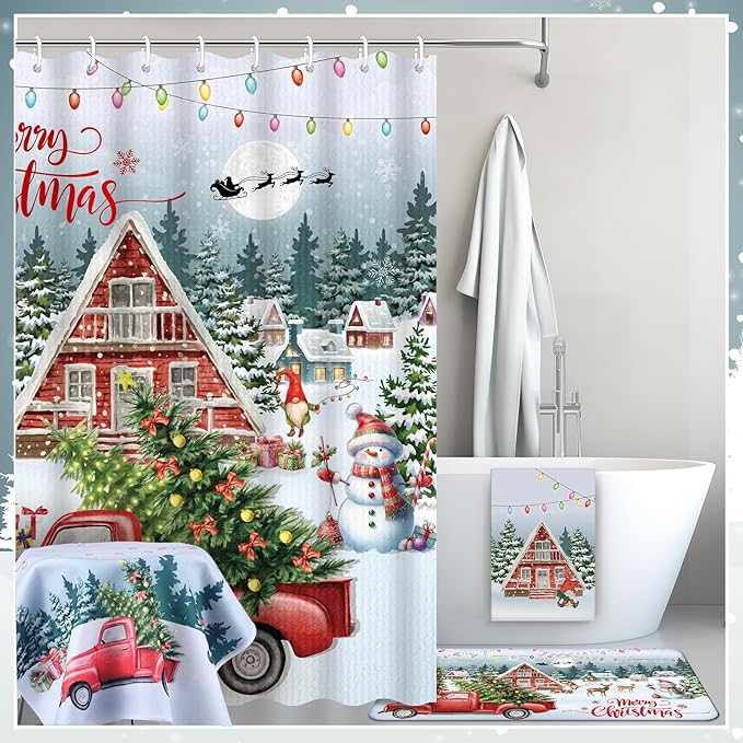 Nuanchu 6 Pcs Christmas Shower Curtain Bathroom Set with Bath Mat Red Truck with Christmas Tree U Shaped Mat Toilet Cover 2 Bath Towels and 12 Hooks Bathroom Decor Set, 71 x 71 Inch