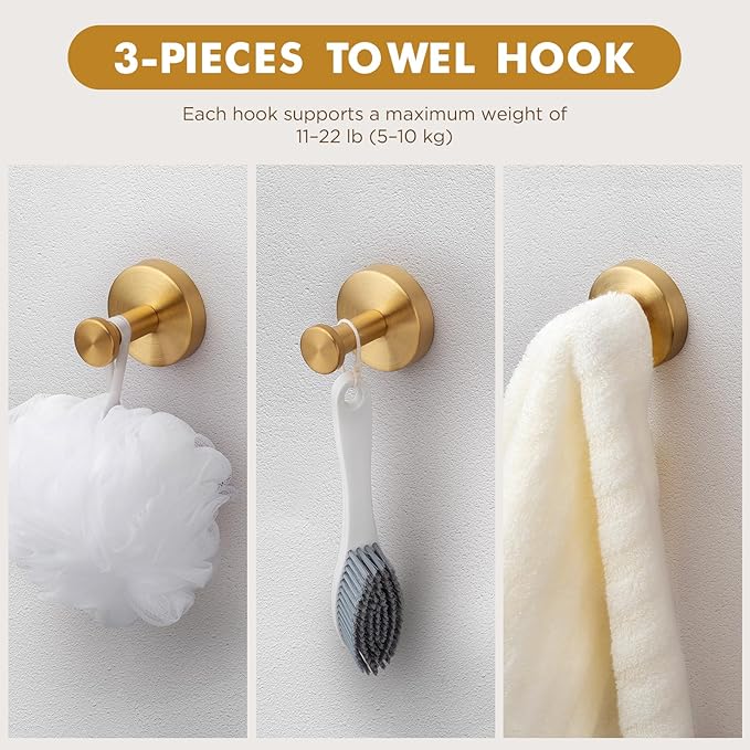 Gold Bathroom Accessories, 24” Towel Bar, Towel Ring Holder, Toilet Paper Holder and 3 Towel Hooks, Bathroom Hardware Set Wall Mounted