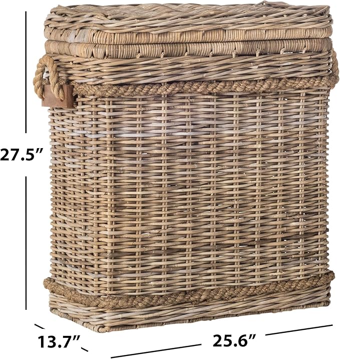 SAFAVIEH Home Collection – Sidonie Grey Rattan Storage Hamper, Wicker Storage Basket with Iron Frame for Bedroom, Bathroom or Living Room, Fully Assembled (SEA7020A)