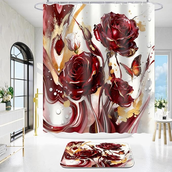 Red Marble Rose Shower Curtain Set,Luxury Modern Abstract Floral Bathroom Decor with Non-Slip Rugs & Toilet Lid Cover, Waterproof Fabric with 12 Hooks,Elegant Glamorous Bathroom Accessories for Home