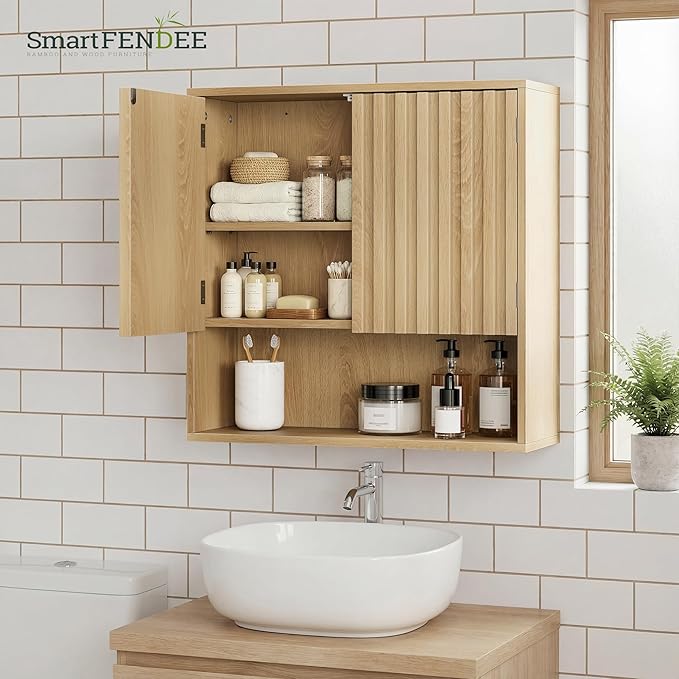 Smart FENDEE Bathroom Wall Storage Cabinet with Fluted Doors, Medicine Cabinet with Adjustable Shelf, Over The Toilet Storage Cabinet for Laundry Room & Kitchen & Living Room, Natural Oak