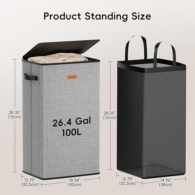 100L Laundry Hamper with Lid, Large Clothes Hampers with Removable Bag, Collapsible Laundry Basket for Bathroom, Bedroom, Laundry Room, Dorm, Grey
