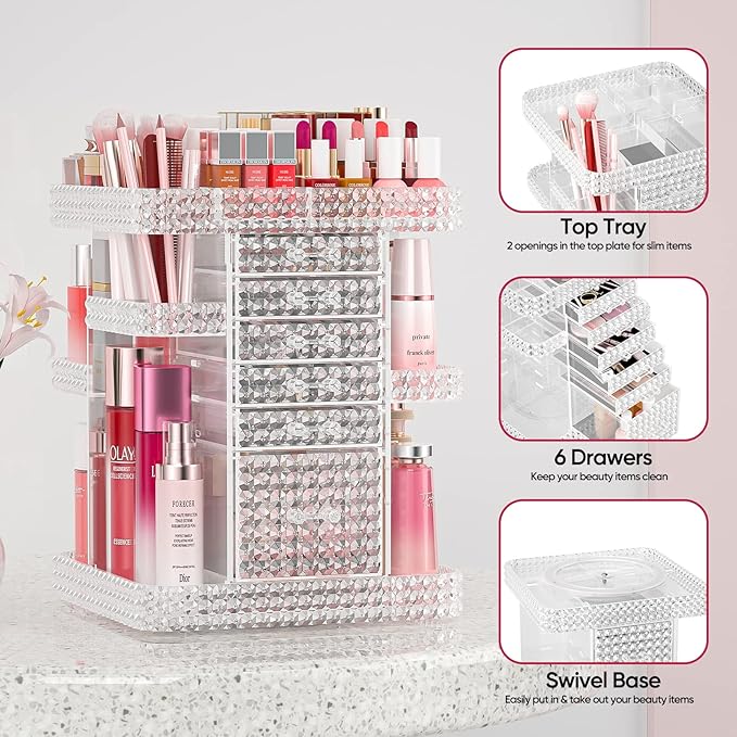 2 Pack Makeup Organizer Set, Rotating Makeup Organizer with 6 Drawers, Makeup Brush Holder, Clear