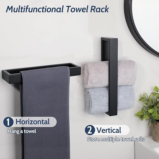 Sayayo Matte Black Towel Bar for Bathroom, 10 Inch Hand Towel Holder Wall Mount Square Towel Ring SUS304 Stainless Steel Towel Rack