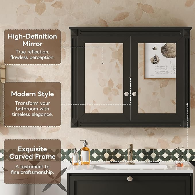Merax Bathroom Medicine Cabinet with Mirror Door & Adjustable Shelves, 36" x 28" Wall Mounted Bathroom Storage Cabinet with Mirror, Over The Toilet