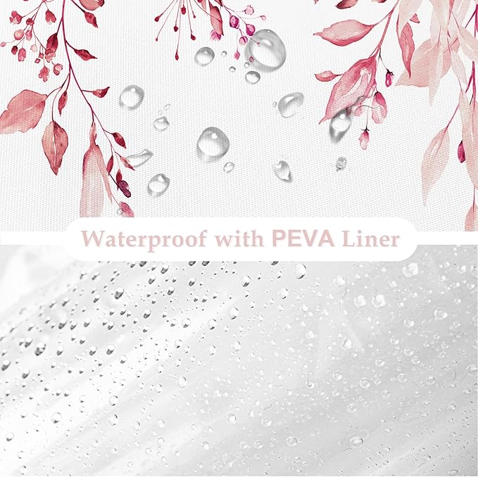 Gibelle 3 in 1 Shower Curtain Set, 72x72 Pink Eucalyptus Bath Curtain and PEVA Liner Set with 12 Metal Hooks, Waterproof Fabric Bathroom Curtain