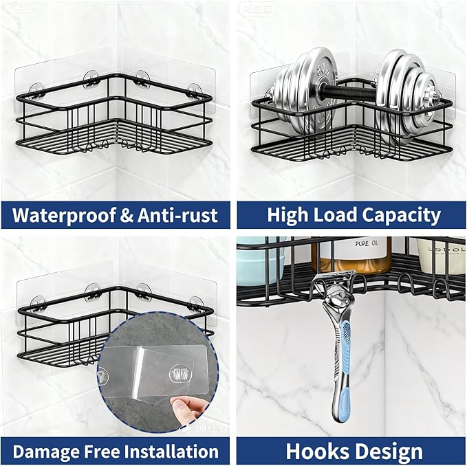 Menbyci Black Shower Caddy Corner Bathroom Shower Shelf, Rust Proof Bathroom Organizer Accessories, Adhesive Shower Basket Storage Rack Shampoo Holder Wall Organization, 2 Pack