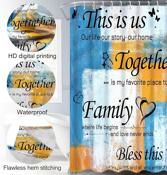 Lnond 4Pcs Bathroom Shower Curtain Sets with Rugs, Orange Blue Motivational Home Family Bathroom Sets with Shower Curtain and Rugs and Accessories