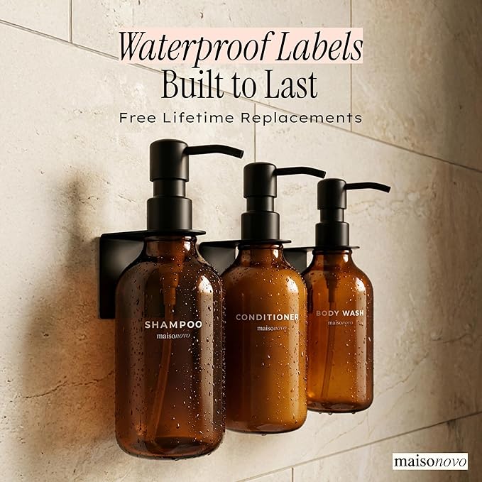 Shampoo and Conditioner Dispenser Wall Mounted Set of 3 Amber Black - No Drill Shower Soap Dispenser for Bathroom Refillable - Spa Hotel Style Accessories by MaisoNovo
