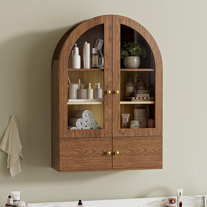 BREEZEHEAT Arched Medicine Cabinet with Extra Storage, Glass Doors & Adjustable Shelf -Wall Mounted Over Toilet Cabinet for Bathroom, Kitchen, Laundry Room, Walnut Wood Grain, 23.6x33.5 Inch
