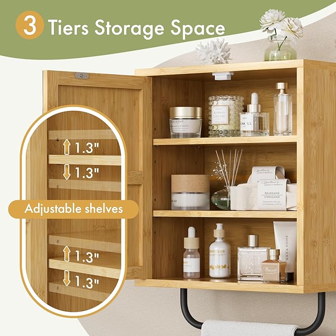 AmazerBath Bathroom Medicine Cabinet with Mirror, Bamboo Medicine Cabinet Wall Mounted, Over The Toilet Storage with Towel Bar for Bathroom, Small Spaces