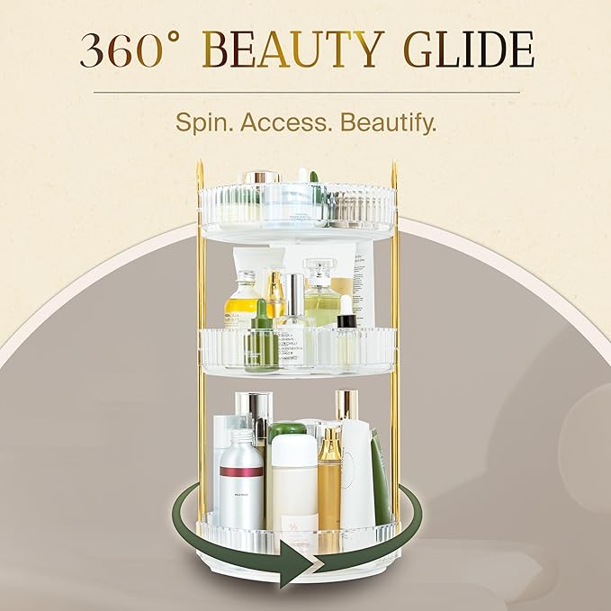 360-Degree Rotating Makeup Organizer, Cosmetic Storage Display Case for Bathroom Vanity Countertop, Skincare and Perfume Storage Organizers, Jewelry Dresser Organizer, 3-Tier, Clear