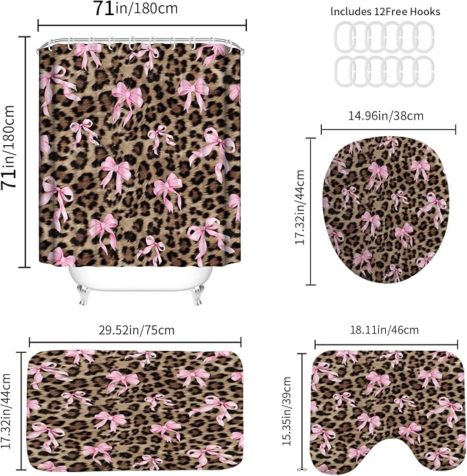 Onalasyc 4 Pcs Leopard Shower Curtain, Cheetah Bow Print Bathroom Set Shower Curtain Sets with Rugs, Waterproof Brown Pink Bow Animal Print Bathroom Curtains Shower Set,12 Pcs Hook,71 x 71 in