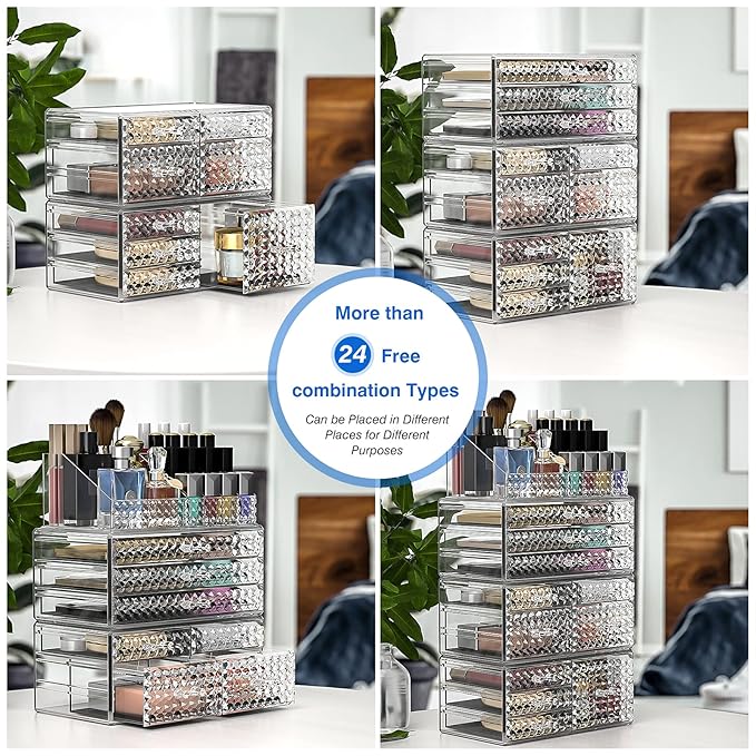 Awenia 4 Pack Stackable Makeup Organizer[Upgraded],Acrylic Cosmetics Storage Large Capacity with 11 Drawers For Brush Holder,Perfume or Jewelry Display,Plus Size| Ship from USA(Clear)