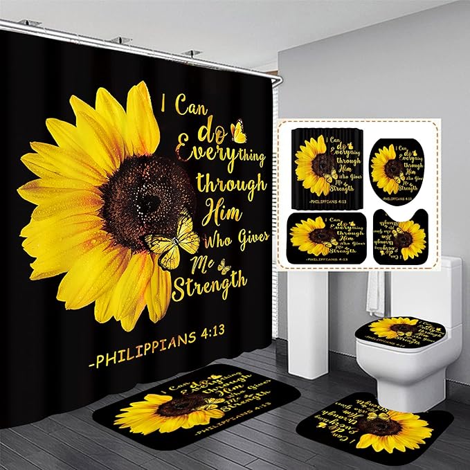 AZHM 4pcs Sunflower Shower Curtain Set Inspirational Quotes Flower Bathroom Decor with Rugs Bathroom Accessories Set Bathroom Curtain Shower with 12 Hooks