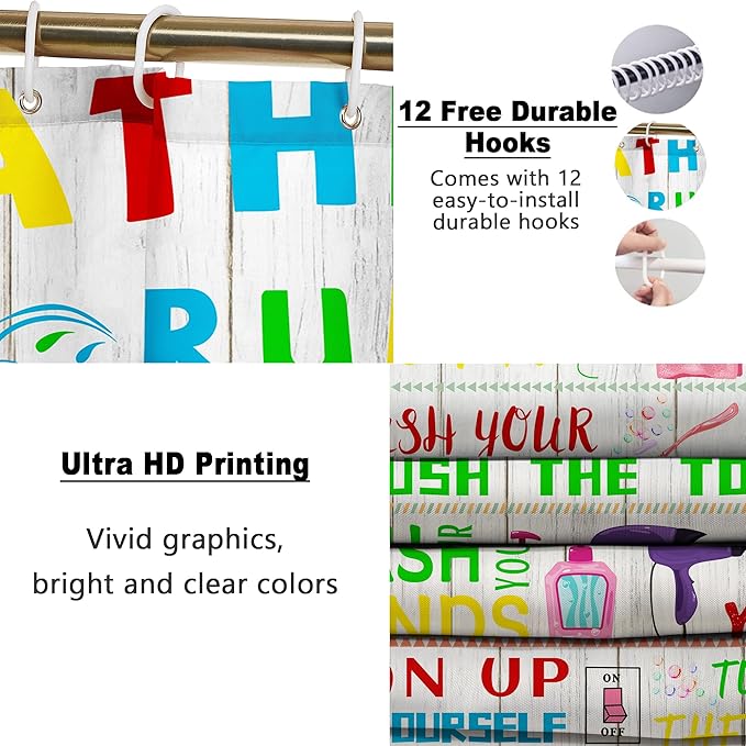 Poedist 4 Pcs Bathroom Shower Curtain Set,Kid's Bathroom Set, Space Shower Curtain Sets with Rugs(Bath Mat,U Shape and Toilet Lid Cover Mat) and 12 Hooks-05