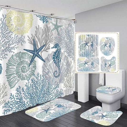 Nkzply 4 Pcs Beach Shower Curtain Set Blue Ocean Bathroom Sets with Shower Curtain and Rugs Seahorse Shower Curtains Set Seashell Starfish Bathroom Decor Accessories Coral Bathroom Rugs Set