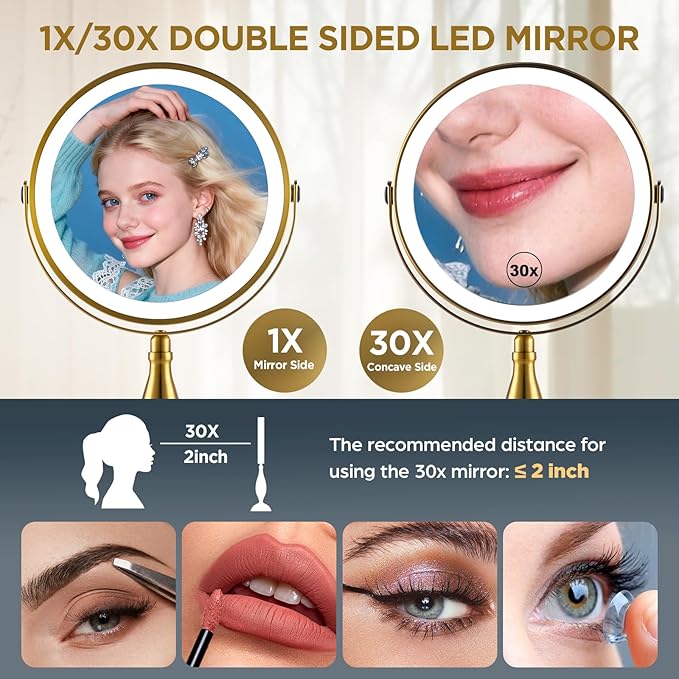 Makeup Mirror with Lights, 30X Golden Magnifying Mirror, 5000mAh Rechargeble Double Sided Mirror - Side Charge & Side Touch, Brightness Adjustable with 3 Colors, 360°Swivel Vanity Mirror