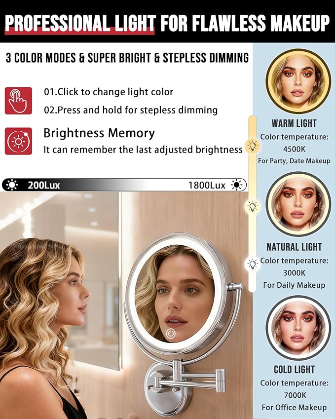 10" Large Wall Mounted Magnifying Mirror with Light, Rechargeable 1X/5X Double-Sided 3 Color 5000mAh Touch Dimmable Extended Arm 360 Rotation Vanity Mirror for Bathroom, Brushed Nickel
