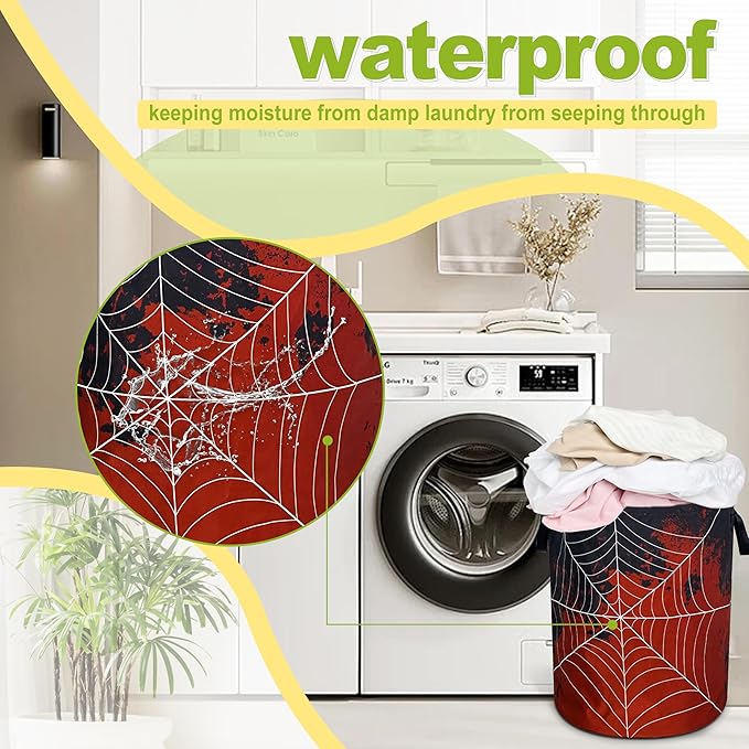 Spider Web Laundry Basket Funny Blood Splatter Foldable Waterproof Oxford Cloth Tote Bag Laundry Hamper Round Large Clothes Storage Bucket Organizer For Bathroom/Laundry Storage/Bedroom 18.9x16.5 Inch