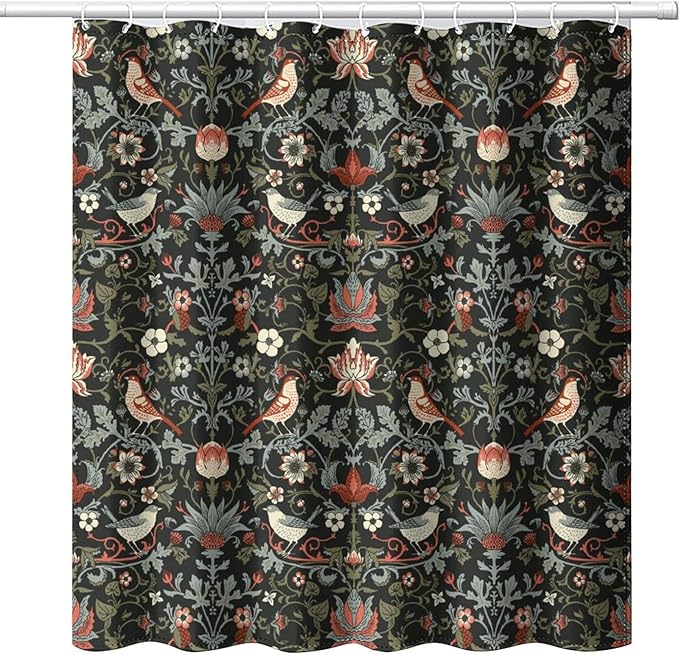 Boho Shower Curtain William Morris Art Print Retro Bird Plant Natural Flower Pattern Print Shower Curtains 72""×84"" Inch, Style-2