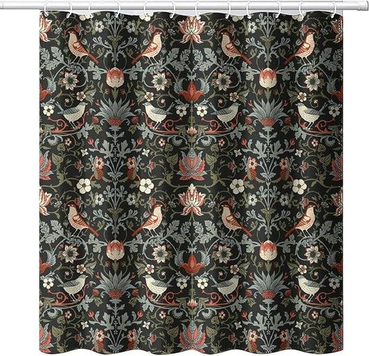 Boho Shower Curtain William Morris Art Print Retro Bird Plant Natural Flower Pattern Print Shower Curtains 72""×78"" Inch, Style-2