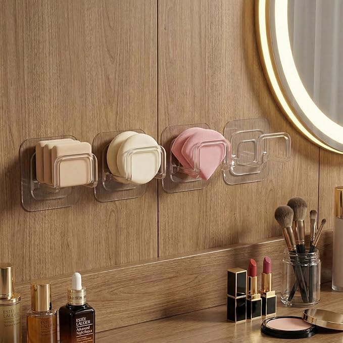 4PCS Adhesive Powder Puff Holder, Wall Mounted Sponge Caddy, Invisible Makeup Sponge Holder for Bathroom - Fits Various Powder Puffs & Saves Space (4.5 * 3.5 * 4.3cm)(Clear)