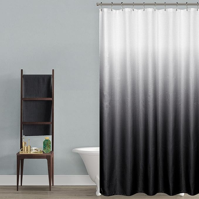 Mrs.Naturall Black and White Waffle Weave Fabric Shower Curtain Set with Hooks,Waterproof Modern Shower Curtains for Bathroom,Cute Ombre Dark Grey Cloth Bathroom Shower Curtain Sets,72x72 Inches