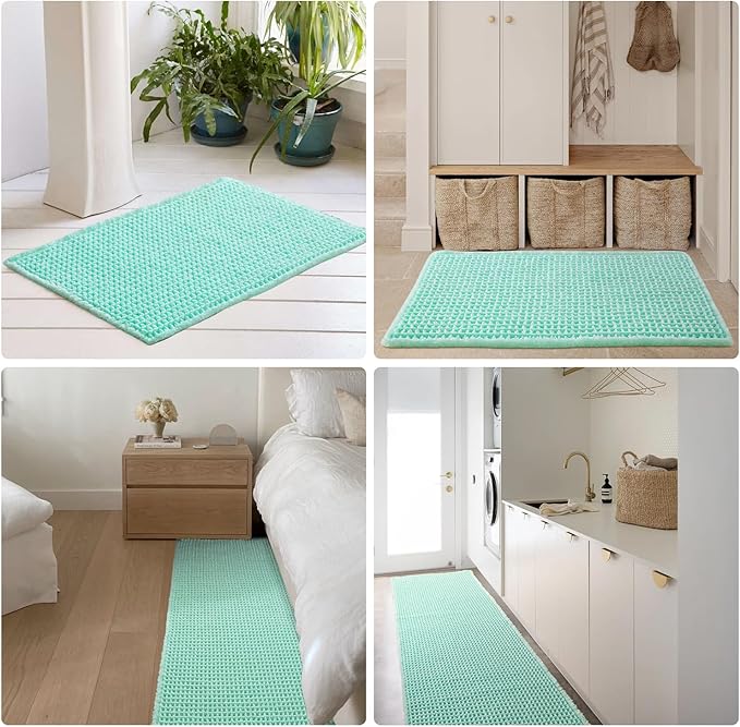 Waffle Runner Rug Bathroom, Long Boho Bathroom Rugs Non Slip Washable Super Absorbent Quick Dry Cute Bath Mat Farmhouse Bath Decor, 60"x24" Aqua Blue
