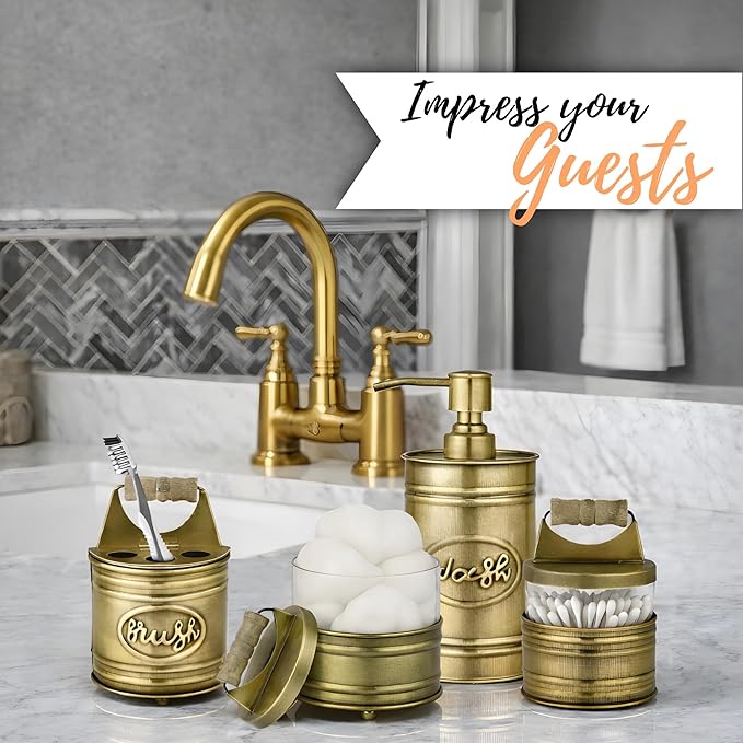 Autumn Alley Rustic Bathroom Accessories Set Vintage Brass Farmhouse Soap Dispenser, Antique Brass Toothbrush Holder, 2 Apothecary Jars Qtip Holder Glass - Rustic Bathroom Decor, Bathroom Accessories