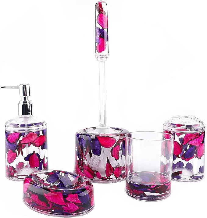 Locco Decor 5 Piece Acrylic Liquid 4D Floating Motion Bathroom Vanity Accessory Set Garden Theme Leaf Toothbrush Holder, Tumbler, Soap Dispenser, Soap Dish, Toiletbrush Holder Set