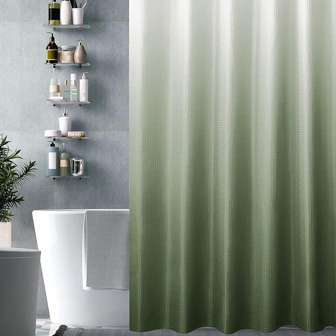 Gibelle Long Shower Curtain 72 x 78, Tall Sage Green Ombre, Waffle Weave Fabric, Water Repellent, Machine Washable