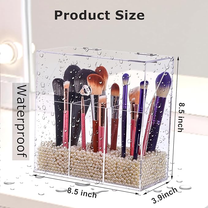 Acrylic Makeup Brush Holder with Lid - Clear Cosmetic Make up Brush Organizer and Storage Box with Dustproof Cover for Vanity - Large Capacity 3-Slots Container for Brushes (White)