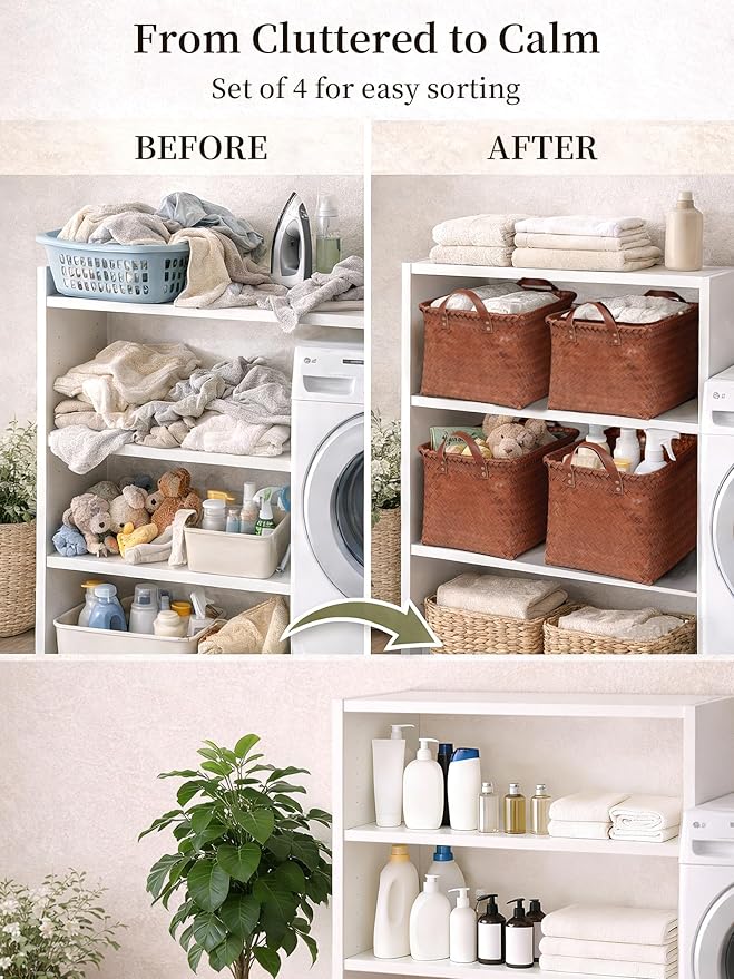 Hand Woven Baskets for Storage, 4Pcs Water-Resistant Wicker Baskets, Brown Wicker Storage Baskets for Shelves, Large Basket with Handle for Organizing, Clothes, Laundry, Blanket - Rectangular